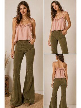 We The Free Corduroy High-Waisted Flare Pants Wide-Leg Retro Style khaki Size 25